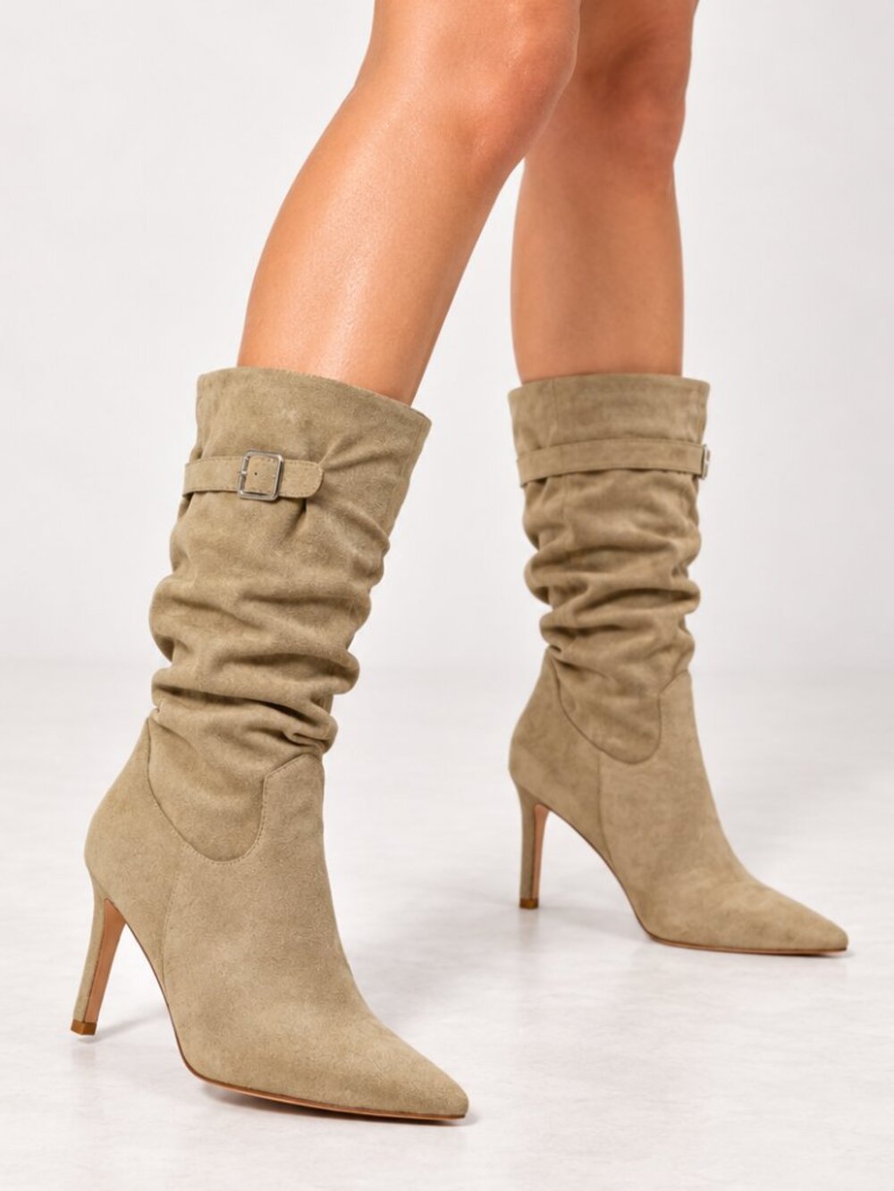 Women’s Slouchy Knee High Boots Pointed Toe Stiletto Heel Buckle Strap